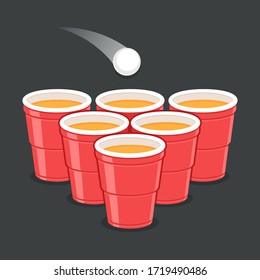 Red Beer Pong plastic cups with ball. Traditional drinking game vector illustration.