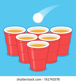 Red Beer Pong plastic cups with ball. Traditional drinking game vector illustration.