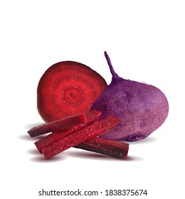 Red beet low poly. Fresh, nutritious, tasty table beet. Elements for label design. Vector illustration. Red beets in triangulation technique.