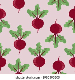 Red beet root with green leaves seamless pattern 