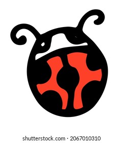 the red beetle. drawing of a small round beetle with dots on its back with antennae top view of a black line and red color on a white background. isolated ladybug element with black spots handmade in 