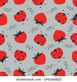 Red beetles and berries seamless pattern. Cartoon ladybug with strawberries on a blue background. Fashionable summer design for scrapbooking, packaging, web. Abstract vector. Botanical print.