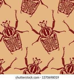 Red beetles isolated on gold background. Seamless pattern with insect. Sketch of bug. Realistic drawing. Vector illustration.