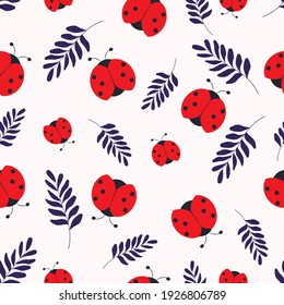 Red beetles seamless pattern. Cartoon ladybug with blue leaves on a white background. Modern summer design of the cover, packaging, stationery. Abstract vector illustration of insects.