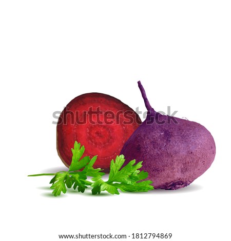 Red beets with parsley low poly. Fresh, nutritious, tasty table beet. Elements for label design. Vector illustration. Red beets with parsley in triangulation technique.