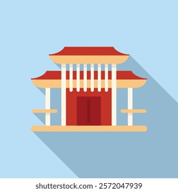 Red and beige asian style building with a tiered roof and columns, evoking traditional eastern architecture