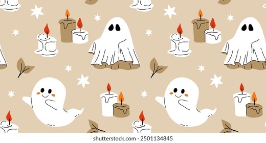 Red beige and black seamless prints with Halloween decorative elements - ghost, pumpkin, sculls. Cute vector characters, decor objects - sweets, pumpkin, witch, ghost, bat. Pattern design