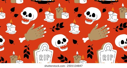 Red beige and black seamless prints with Halloween decorative elements - ghost, pumpkin, sculls. Cute vector characters, decor objects - sweets, pumpkin, witch, ghost, bat. Pattern design