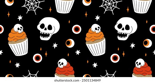 Rojo beige y negro impresiones sin fisuras con Elementos decorativos de Halloween - fantasma, calabaza, sculls. Personajes de Vector lindo, objetos de decoración - dulces, calabaza, bruja, fantasma, murciélago. Diseño de patrones