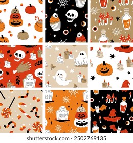 Rojo beige y negro impresiones sin fisuras con Elementos decorativos de Halloween - fantasma, calabaza, sculls. Personajes de Vector lindo, objetos de decoración - dulces, calabaza, bruja, fantasma, murciélago. Diseño de patrones