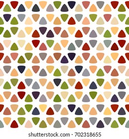 Red, beige, brown, blue, green, violet spot seamless pattern on white background. Round triangle flower texture. Abstract vector for prints, textile, wrapping, fabric, package, cover, greeting cards