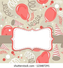 red beige brown delicate party time background with balloons confetti and serpentines background with a ribbon and a frame for your text
