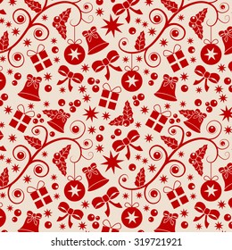 Red and beige Christmas seamless pattern with baubles, stars, parcels, bells, holly and ribbons