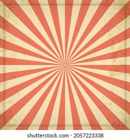 Red and beige color burst background. Sunlight retro background. Fantasy vector illustration. Magic Sunbeam pattern. Old paper starburst. Circus poster or banner.