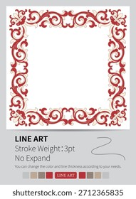 Red and beige floral motif pattern features elegant swirling forms arranged symmetrically.