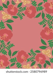 Red and beige flowers aesthetic patterns and leaves, floral frame on pink background for, fabric print, wallpaper, social media post, doodle, notes, book covers, wall decor.