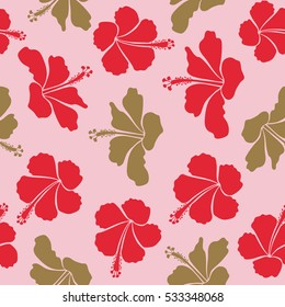 Red, beige and neutral ornament of simple hibiscus flowers, vector abstract seamless pattern for design and textile.