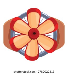 Red and beige six blade propeller spinning and generating wind power for a vintage airplane