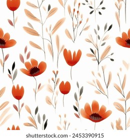 Red Beige Terra Brown French Grey Abstract Wild Flower Elegant Leaf Watercolor Scandinavian Design Seamless Pattern Wallpaper Curtain Bedding Upholstery White Background Vector 