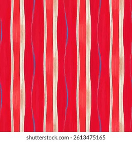 Red and beige vertical stripes with blue wavy lines, grunge lines ikat pattern, striped seamless pattern, Vector illustration background for print the paper.