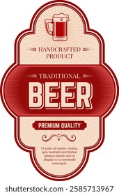 Red and beige vintage label showcasing handcrafted, traditional premium quality beer, featuring an overflowing mug filled with frothy foam, perfect for any celebration