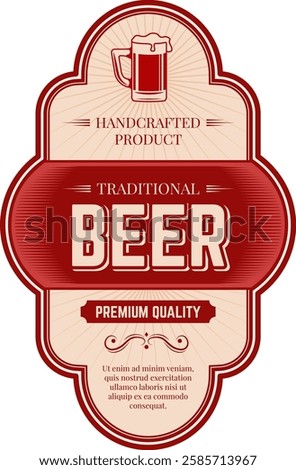 Red and beige vintage label showcasing handcrafted, traditional premium quality beer, featuring an overflowing mug filled with frothy foam, perfect for any celebration