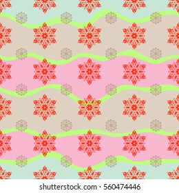 Red and beige and wave simple seamless Christmas pattern - varied Xmas snowflakes with dots. Happy New Year 2018 winter background. Vector design for textile, wallpaper, fabric, wrapping paper.