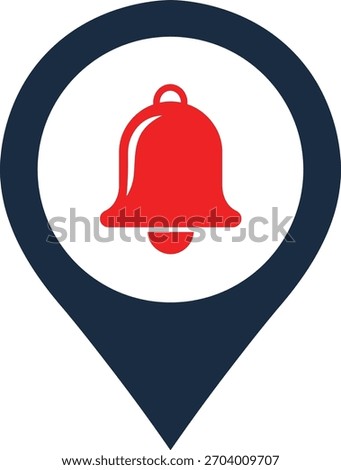Red bell icon on dark blue map pin marker symbol notification symbol alert sign