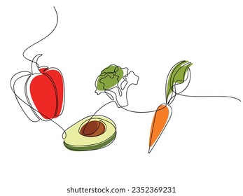 Pimienta roja, aguacate, brócoli, vector zanahoria. Ilustración de línea continua dibujada a mano. Icono de contorno vegetal. Silueta lineal de ingrediente de cocina. Diseño gráfico, impresión, banner, tarjeta, signo.