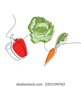 Red bell pepper, carrot, green cabbage vector. Line continuous hand drawn illustration. Vegetable outline icon. Garden plant linear silhouette. Graphic design, print, banner, card, sign, doodle.