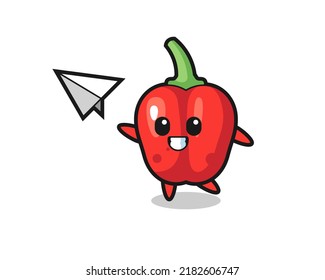 red bell pepper cartoon character throwing paper airplane