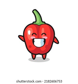 red bell pepper cartoon character doing wave hand gesture