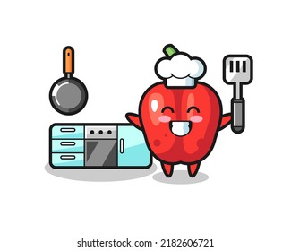 red bell pepper character illustration as a chef is cooking