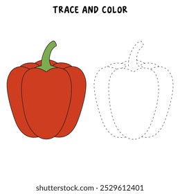 Red Bell Pepper páginas de coloração para crianças. Traço e cor Red Bell Pepper. Red Bell Pepper Vegetable Flashcard para crianças. Planilhas de jardim de infância e pré-escola imprimíveis para crianças. 