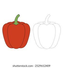 Red Bell Pepper páginas de coloração para crianças. Traço e cor Red Bell Pepper. Red Bell Pepper Vegetable Flashcard para crianças. Planilhas de jardim de infância e pré-escola imprimíveis para crianças. 