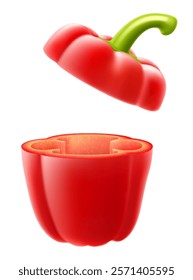 Red bell pepper cross section isolated on white background. Bell pepper rings. Fresh ripe vegetable. Sweet bell pepper , side view, realistic 3D vector illustration, natural food