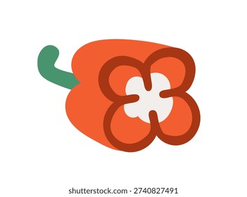 Red bell pepper, cut half. Fresh ripe vegetable in cross-section. Healthy vitamin food, nutrition. Bellpepper, bulgarian paprika. Flat vector illustration isolated on white background