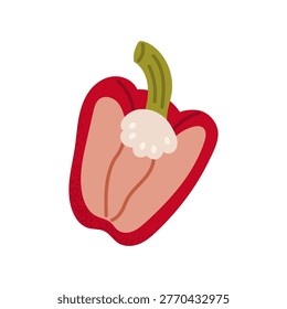 Red bell pepper, cut half. Fresh ripe vegetable. Bellpepper, bulgarian paprika. Flat vector illustration isolated on white background
