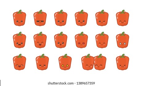 Red bell pepper cute kawaii mascot. Set kawaii food faces expressions smile emoticons. 