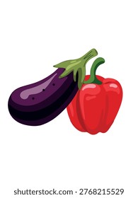 red bell pepper and eggplant isolated on white background
