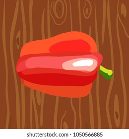 Red bell pepper. Fresh vegetable for the menu. Brown wooden background. Icon. Isolated object. Vector illustration