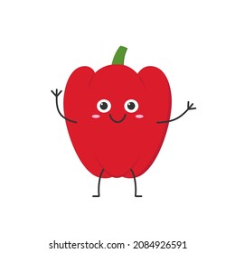 Red bell pepper greeting cute character cartoon smiling face happy joy emotions icon logo paprika vegetable vector illustration.