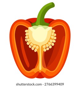 Red Bell Pepper Half Cut Vegetable Fresh Seed Core Juicy Flesh Organic Food Ingredient Vector Element
