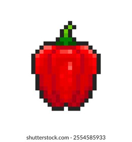 Red bell pepper isolated on transparent background. Pixelated badge, game asset or computer arcade item. Vegetable icon. Vector pixel art illustration in 16 bit old style.