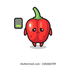 red bell pepper mascot character doing a tired gesture