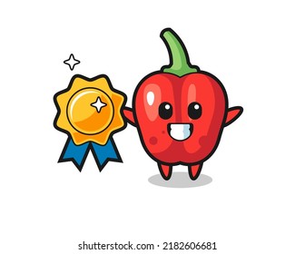 red bell pepper mascot illustration holding a golden badge