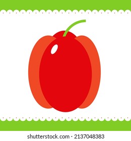 Red bell pepper on a white background with a decorative frame. Eggplant simple image that can be used as a label, logo, sticker, icon, card for educational kids games. Stock vector illustration. 