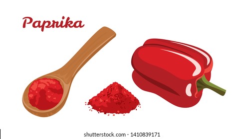  Red Bell Pepper and Paprika powder in wooden spoon isolated on white background. Vector illustration of fresh vegetable and spicy seasoning in cartoon flat style.