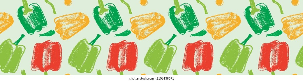 Red bell pepper pattern seamless in vector. Hand-drawn illustrations of green Bulgarian peppers. Pepper drawings. Organic vegetables background. Vegan wallpaper. Cooking backdrop. Vegetarian banner.