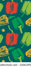 Rotes Pfeffermuster nahtlos in Vektorgrafik. Handgezeichnete Illustrationen von grünen bulgarischen Paprika. Pfefferzeichnungen. Organisches Gemüse, Hintergrund. Veganisches Tapete. Kochen im Hintergrund. Vegetarisches Banner.